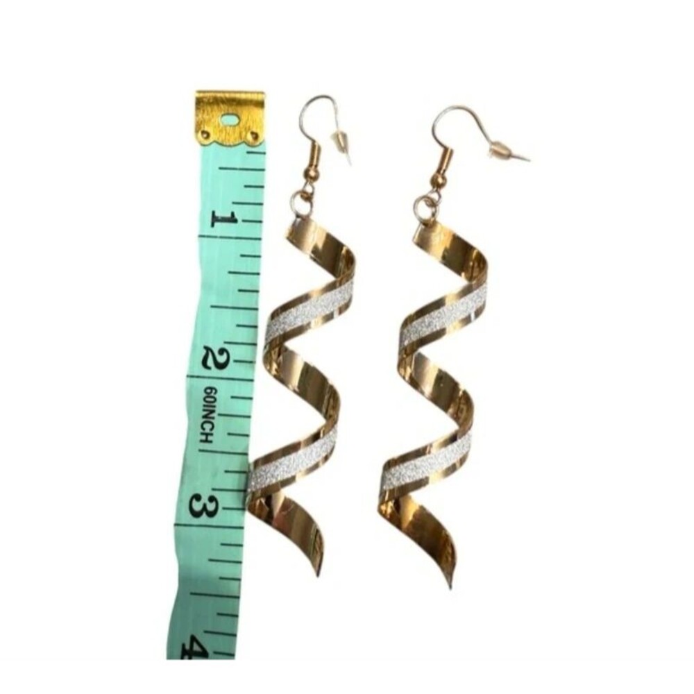Gold Tone Silver Glitter Spiral Earrings NWOT Statement Dangle - Picture 2 of 3
